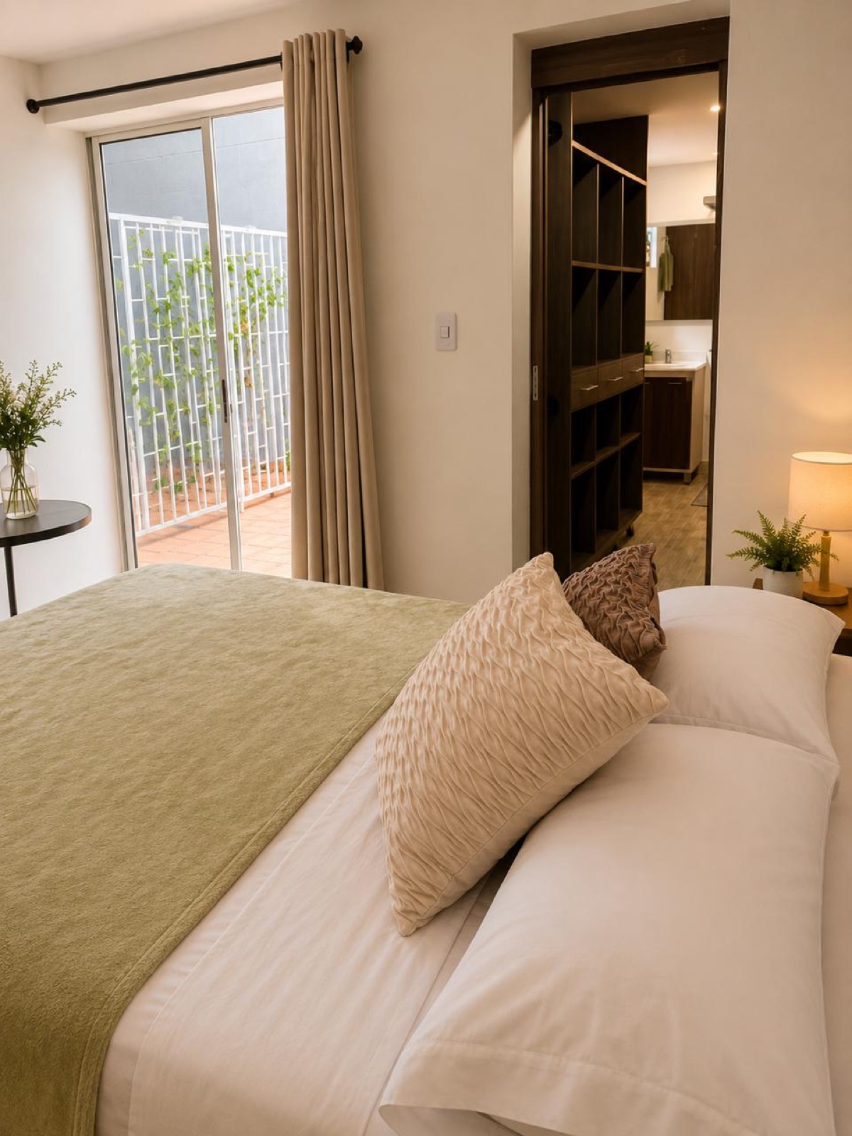 Patio 2 bedroom with green linens, private terrace and walk-in closet